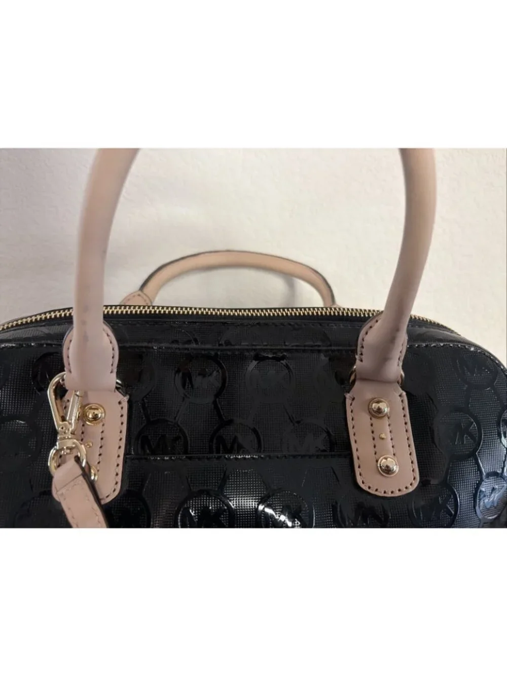Michael Michael Kors Satchel Black Mirror Signature Leather Trim Dome Handbag